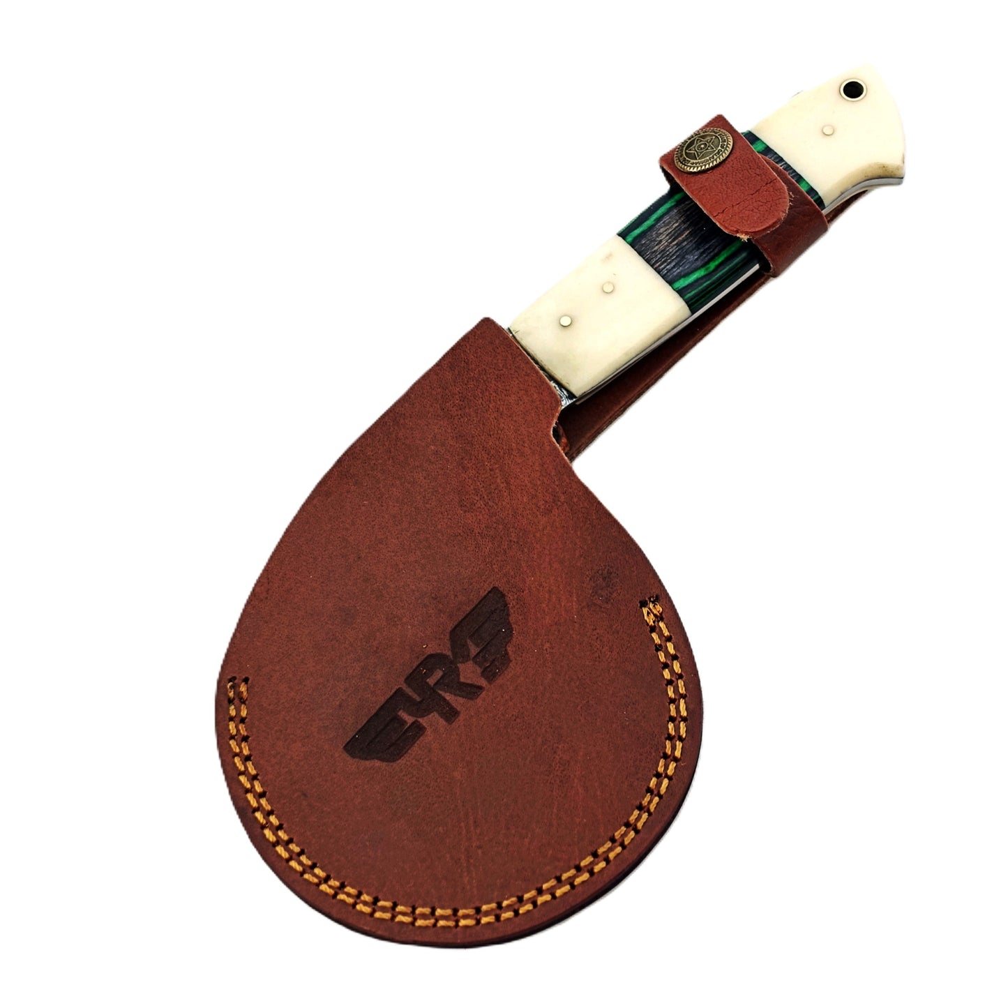 Damascus Steel Pizza Cutter with hardwood and natural bone handle by Ruddock Bros El Paso Texas USA Ruddock Shirt cutlery pizza brick oven Pizza cutter unique pizza cutter custom pizza cutter artisan pizza cutter pizza ax pizza axe ulu