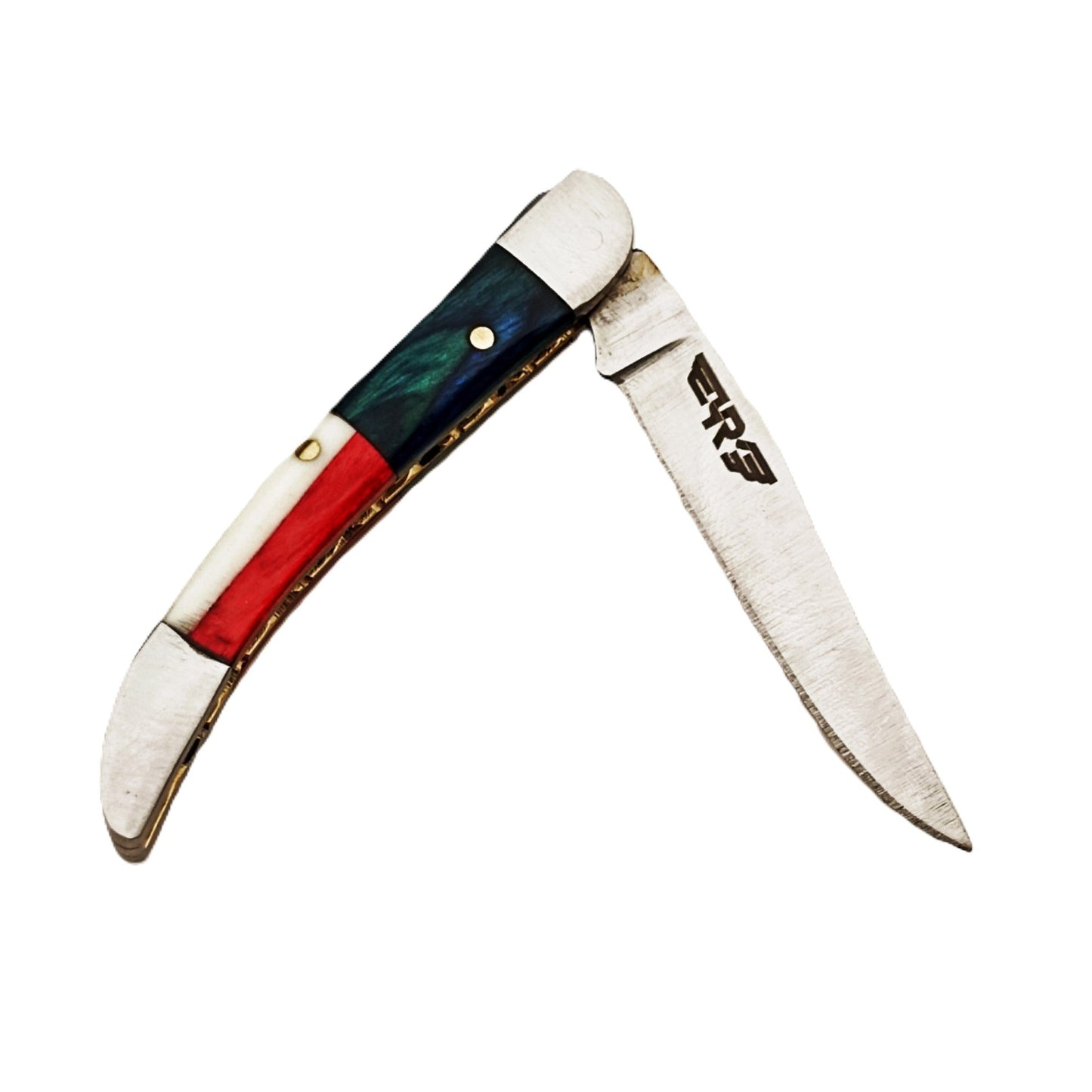 Ruddock Bros slim folding pocket knife with natural bone and hardwood handle and stainless steel blade and leather sheath Ruddock El Paso Texas