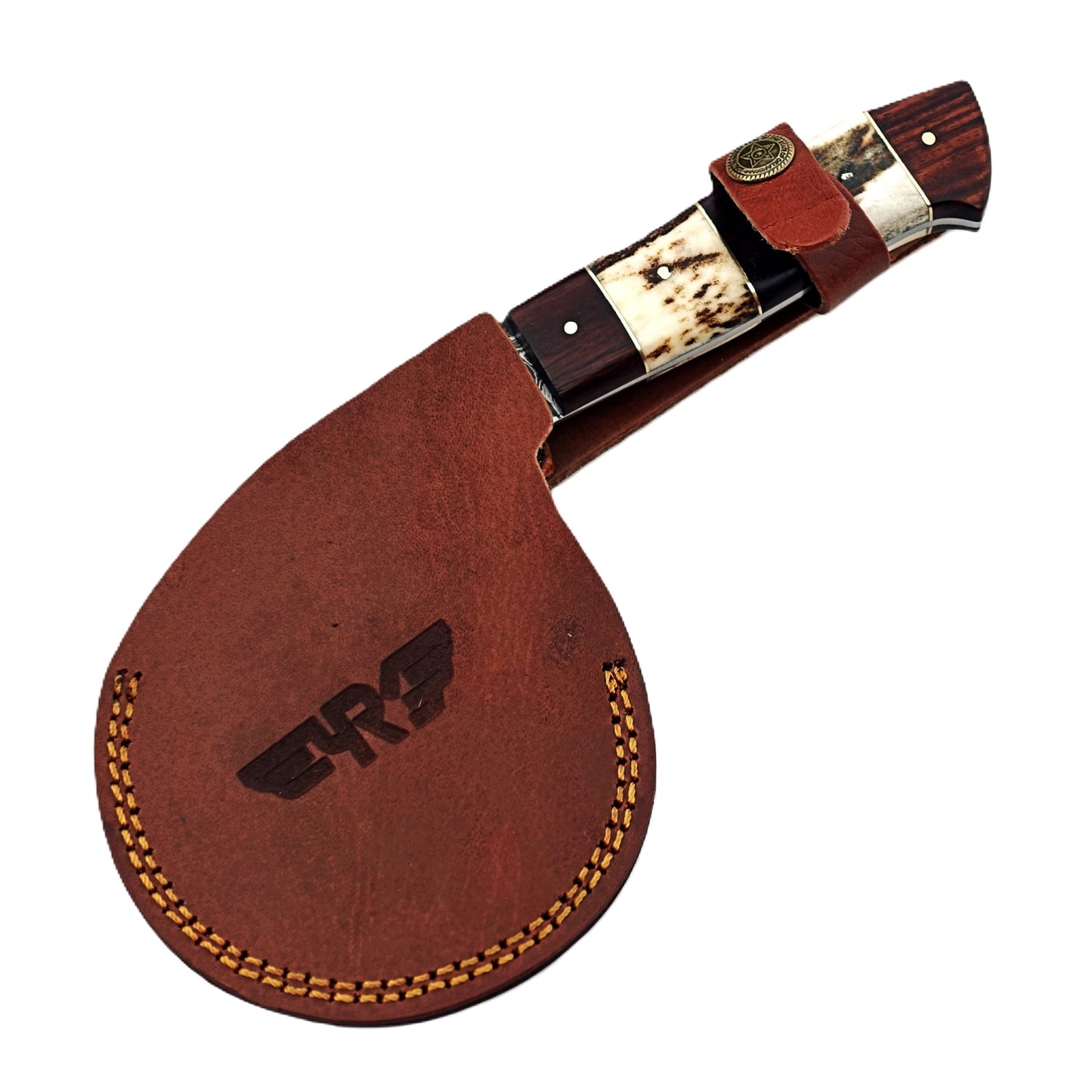 Damascus Steel Pizza Cutter with hardwood and natural bone handle by Ruddock Bros El Paso Texas USA Ruddock Shirt cutlery pizza brick oven