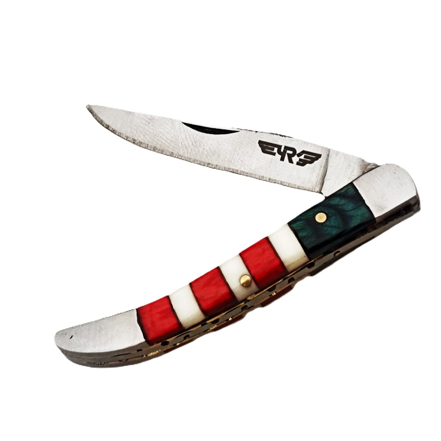 Ruddock Bros slim folding pocket knife with natural bone and hardwood handle and stainless steel blade and leather sheath Ruddock El Paso Texas