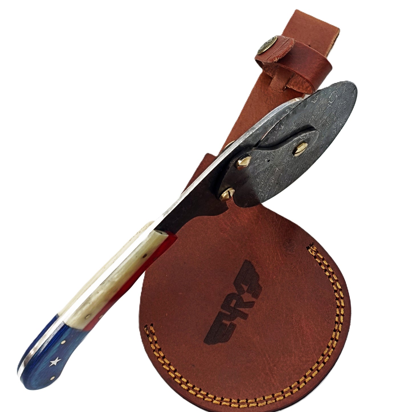 Lone Star Texas Flag Damascus Steel Pizza Cutter with hardwood and natural bone handle by Ruddock Bros El Paso Texas USA Ruddock Shirt cutlery pizza brick oven