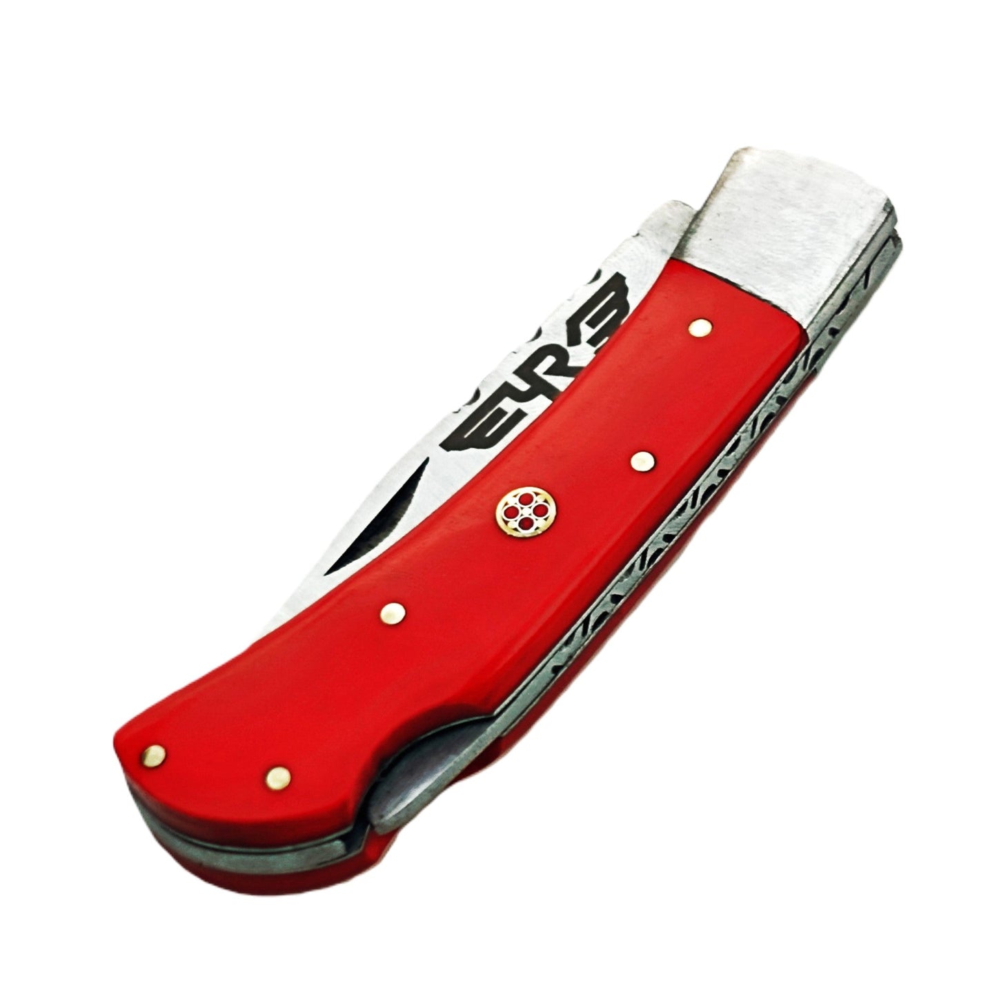 Ruddock Bros folding knife with plastic resin handle red with stainless steel blade with leather sheath Ruddock El Paso Texas