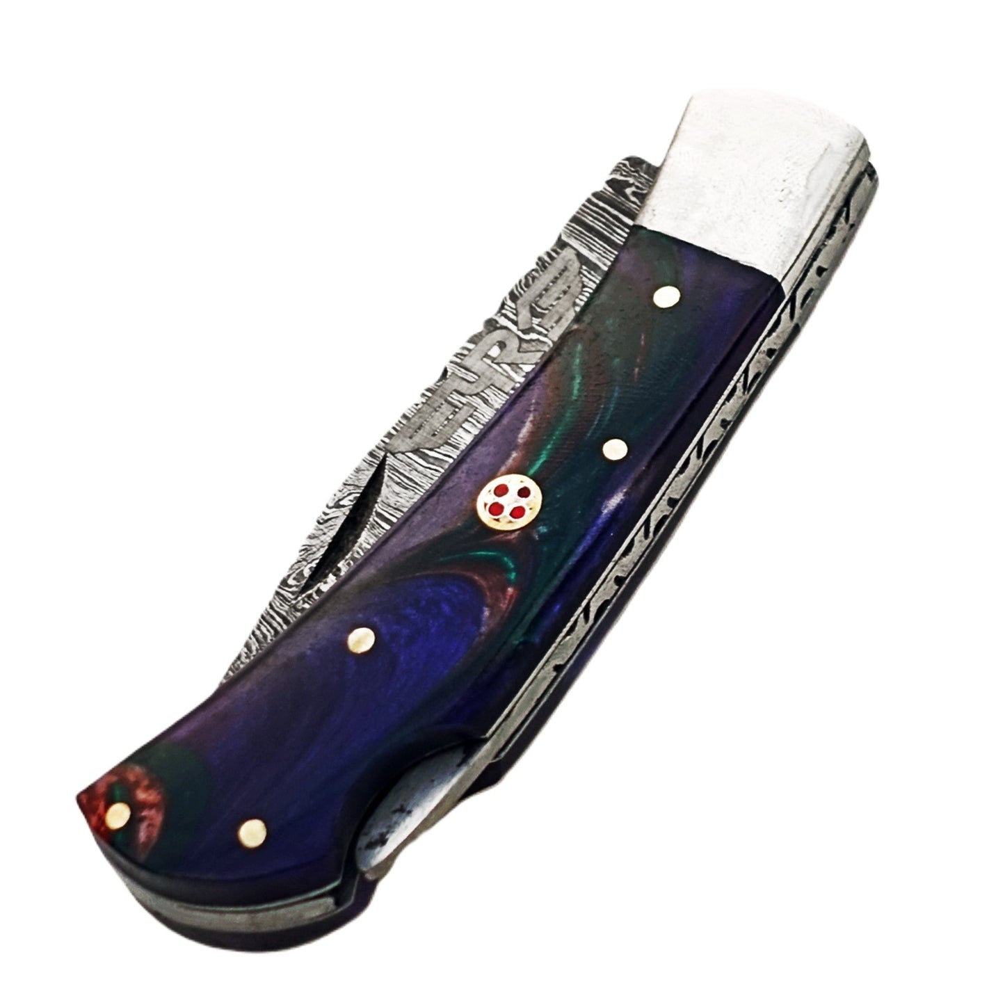 Ruddock Bros folding knife with indigo swirl plastic resin handle with Damascus steel blade with leather sheath Ruddock El Paso Texas