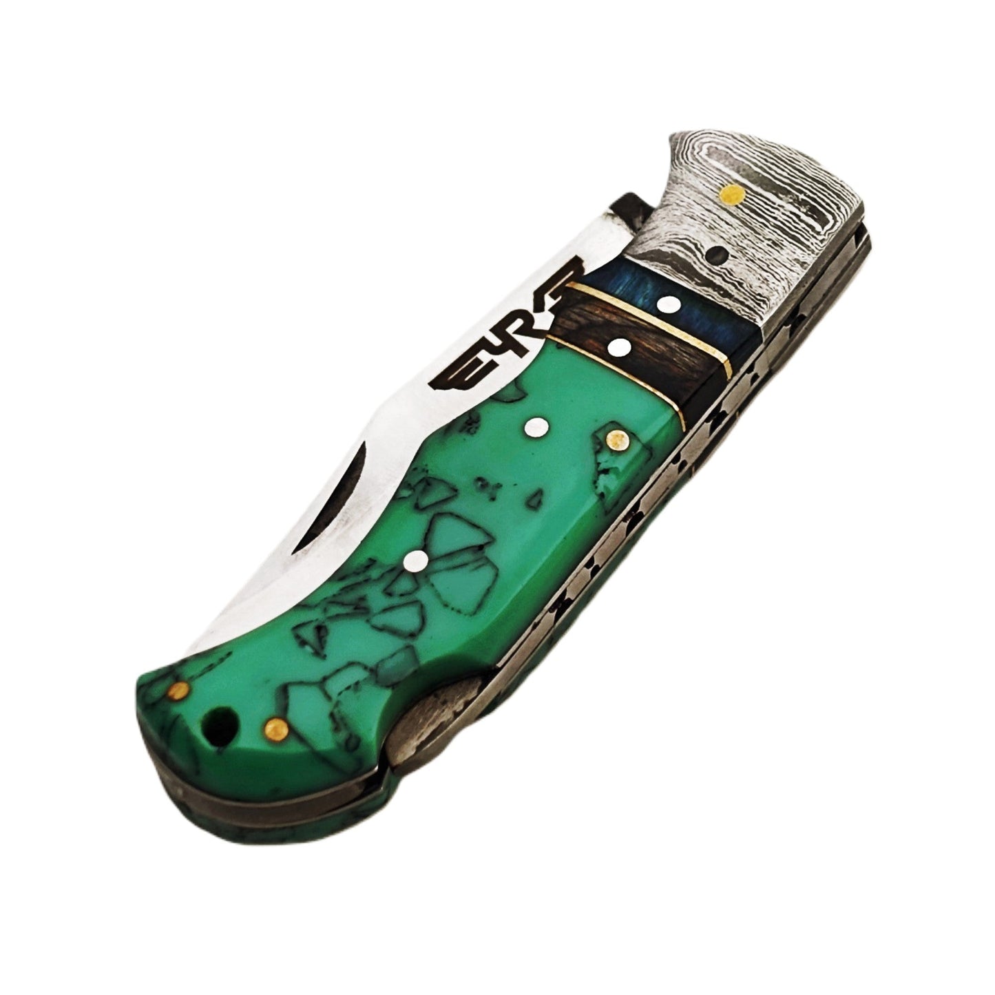 Ruddock Bros folding knife with plastic resin handle in green pattern and Damascus steel with stainless steel blade with leather sheath Ruddock El Paso Texas