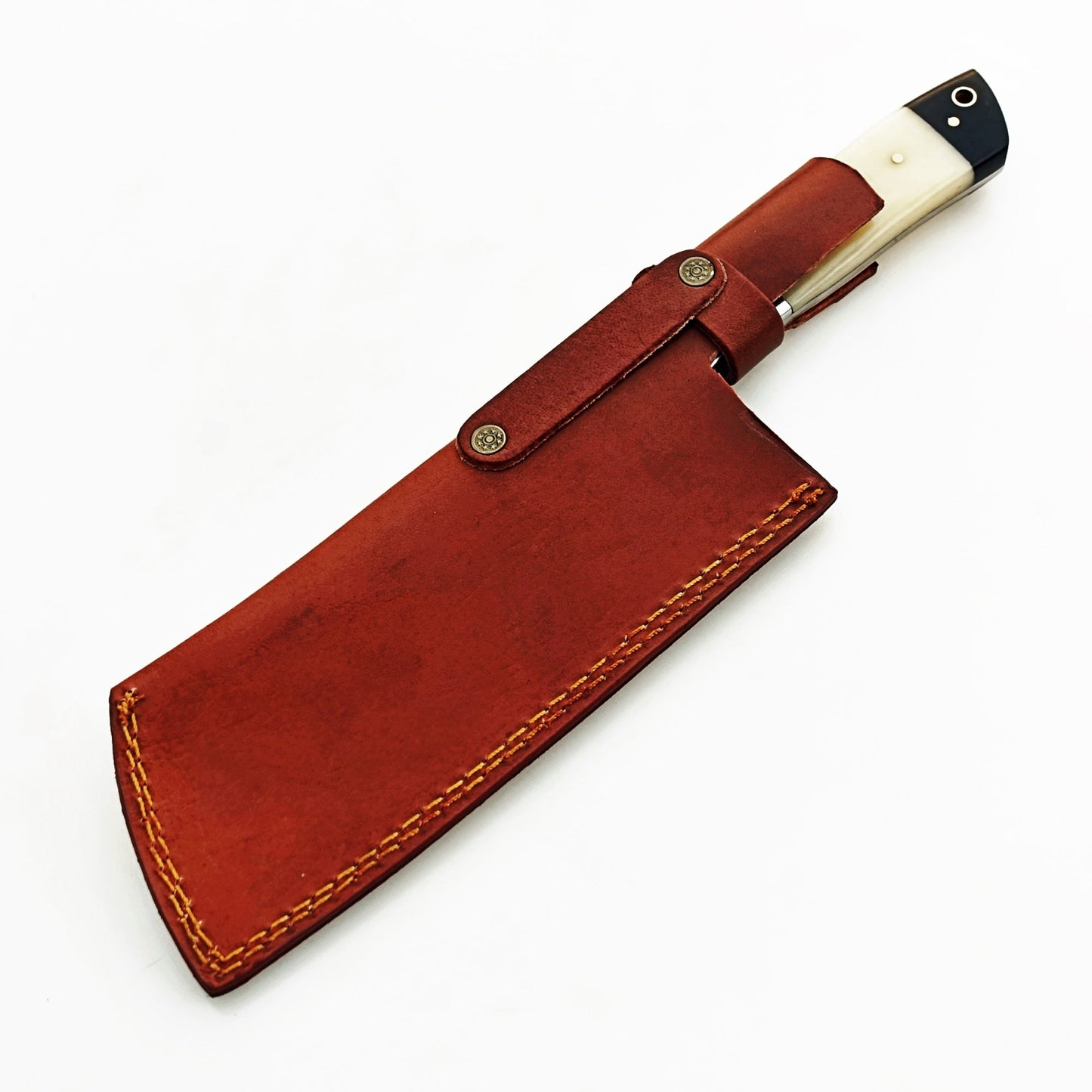 Damascus Steel Cleaver with hardwood and bone handle by Ruddock Bros El Paso Texas USA Ruddock Shirt