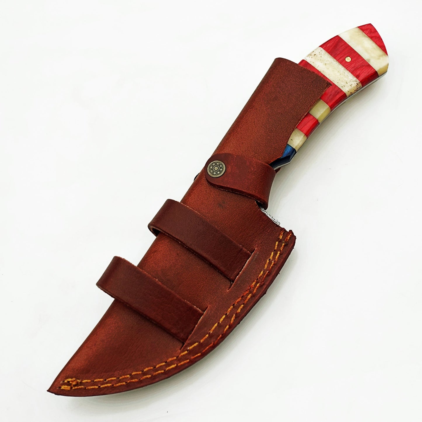 Ruddock Bros fixed blade knife with natural bone and hardwood handle and Damascus steel blade includes leather sheath Ruddock El Paso Texas