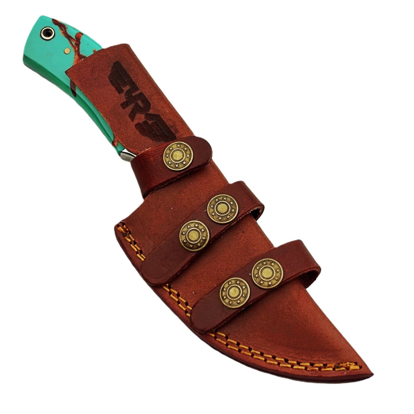Damascus steel fixed blade knife with resin handle in turquoise with brown accents by Ruddock Bros El Paso TX
