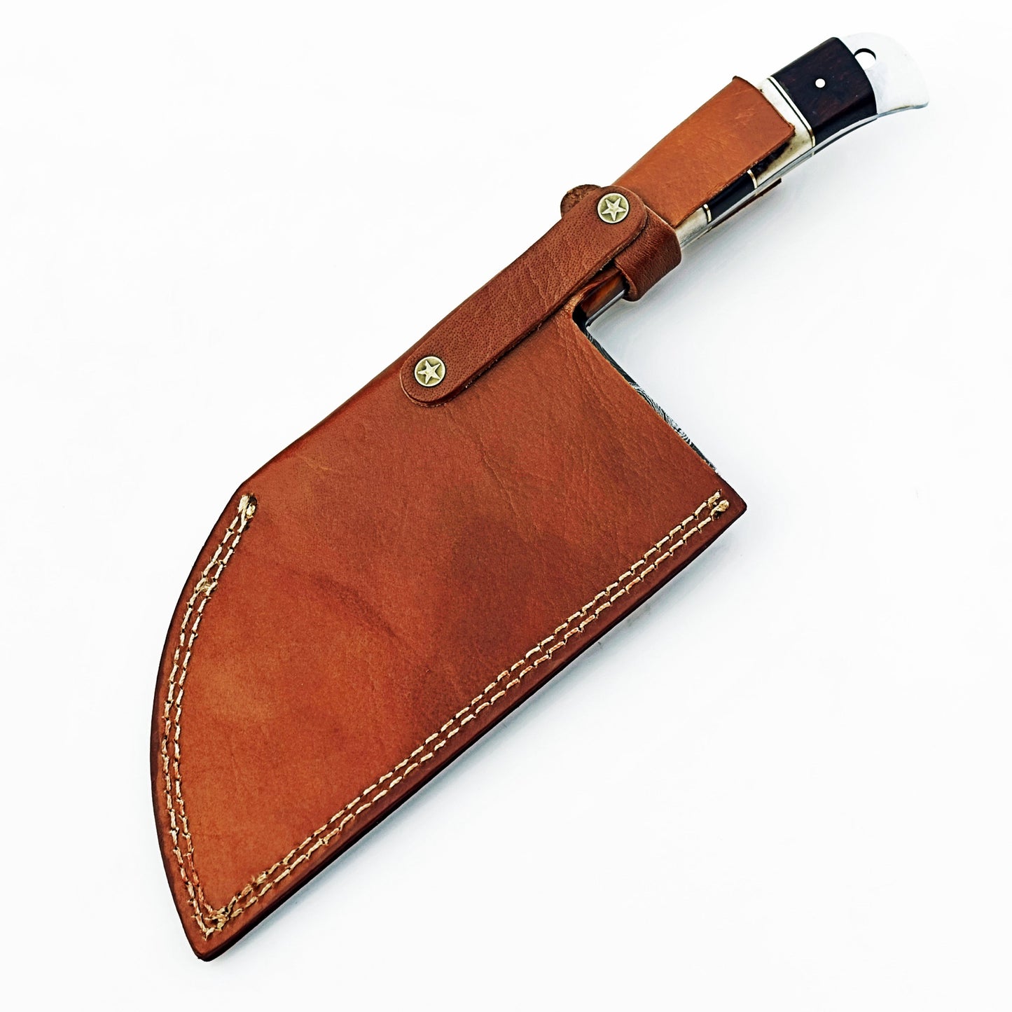 Serbian cleaver in Damascus steel with horn bone and wood handle by Ruddock Bros