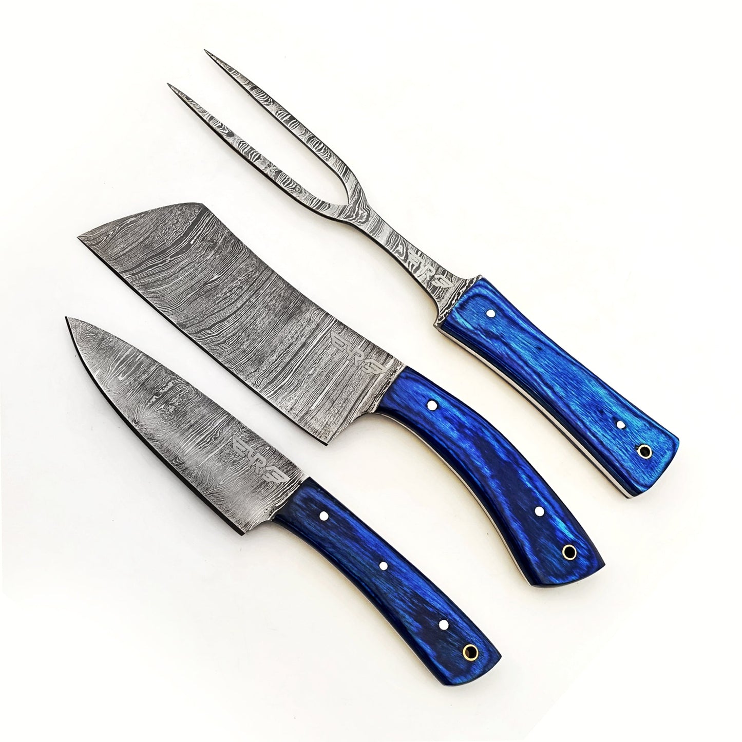 Ruddock Bros 3 piece carving set with blue hardwood handles and Damascus Steel blades Ruddock El Paso Texas