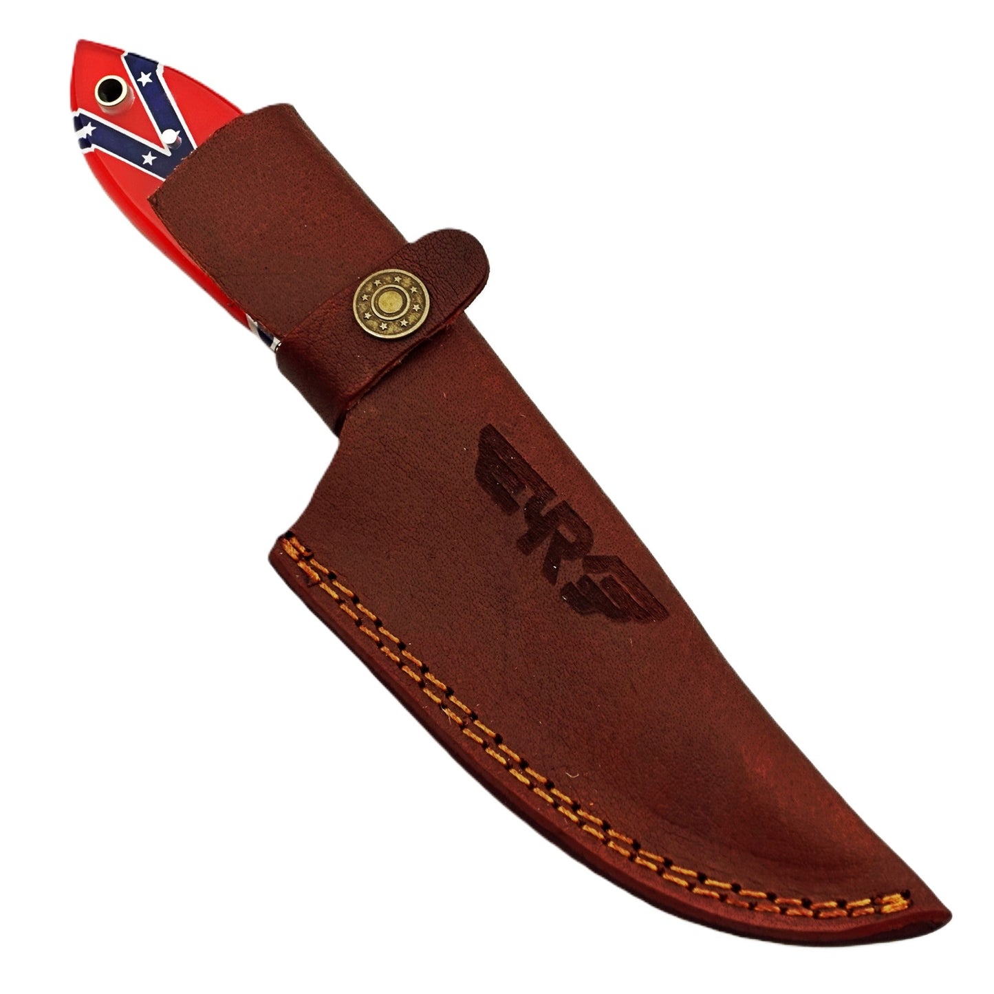 Ruddock Bros fixed blade knife with plastic resin handle with rebel flag design and Damascus steel blade includes leather sheath Ruddock El Paso Texas
