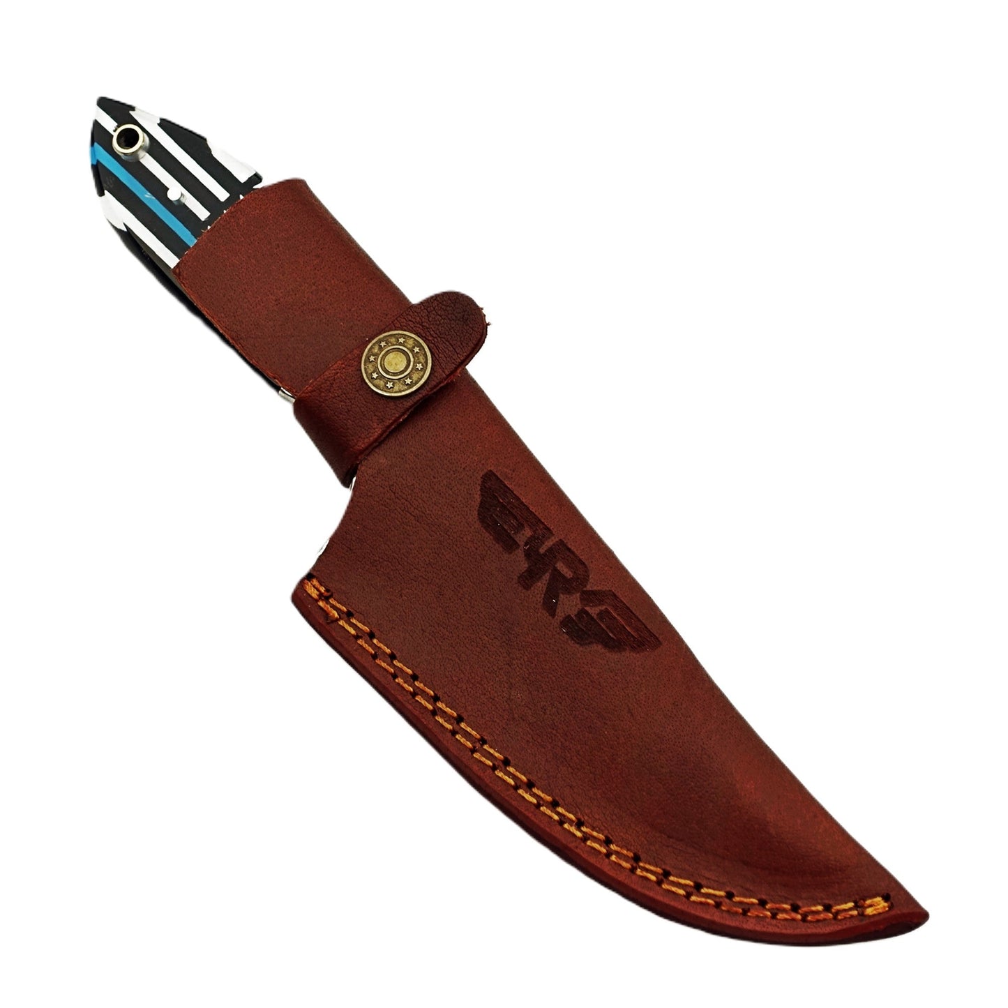 Ruddock Bros Damascus steel hunting knife with US Flag and Blue Line honoring the police