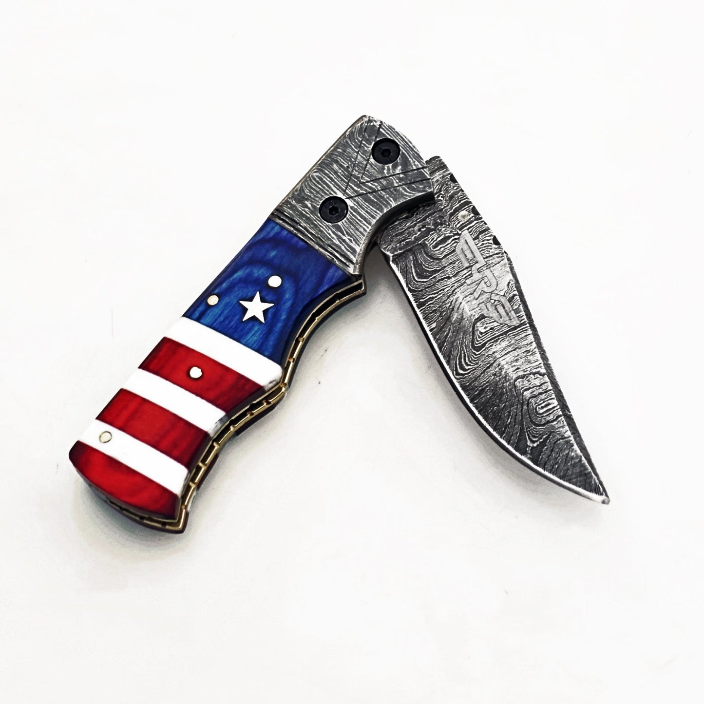 Ruddock Bros folding knife with natural bone and wood handle with Damascus steel blade with leather sheath Ruddock El Paso Texas