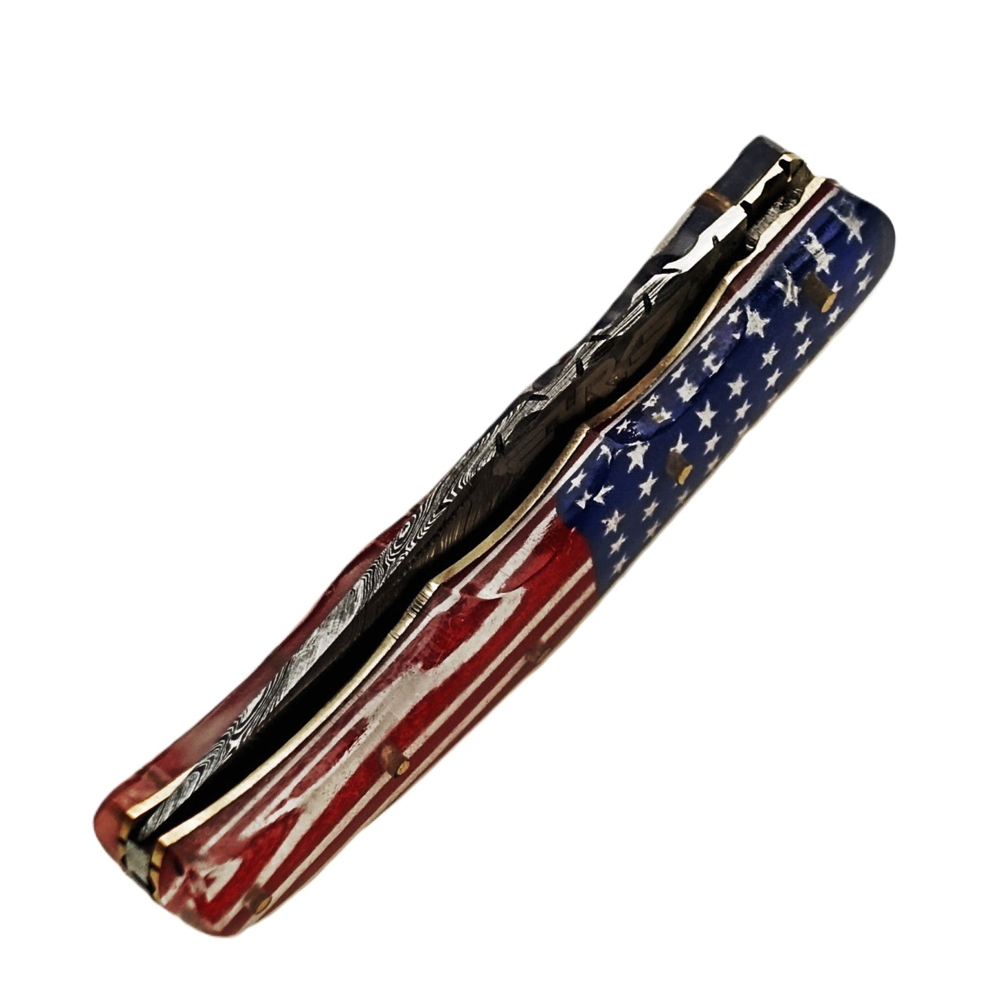 Ruddock Bros folding knife with plastic resin handle in American Flag pattern and Damascus steel blade with leather sheath Ruddock El Paso Texas