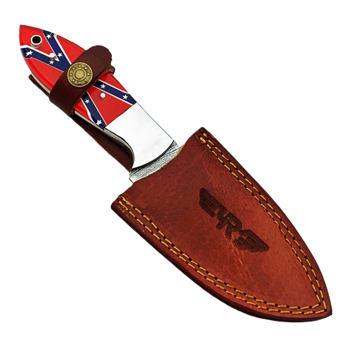Ruddock Bros fixed blade knife with plastic resin handle with rebel flag design and Damascus steel blade with guthook includes leather sheath Ruddock El Paso Texas