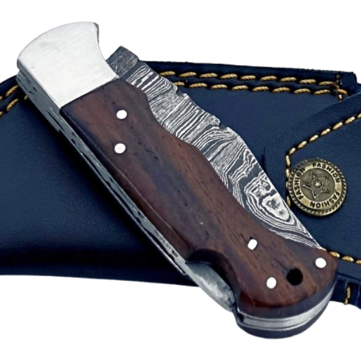 Walnut wood Folding Knife - Damascus Steel