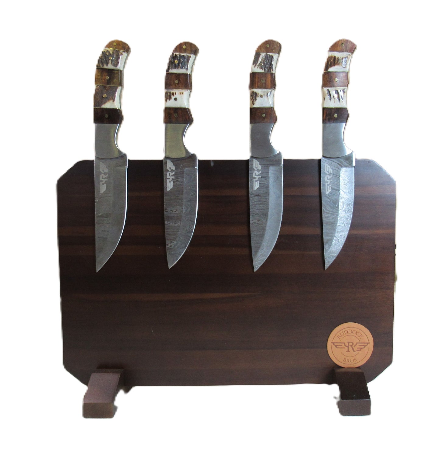 Ruddock Bros steak knife with Damascus steel with natural horn, bone, and hardwood handle