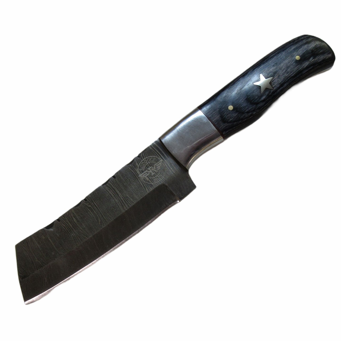 skinner knife with bull blade in Damascus steel and black hardwood handle by Ruddock Bros El Paso Texas