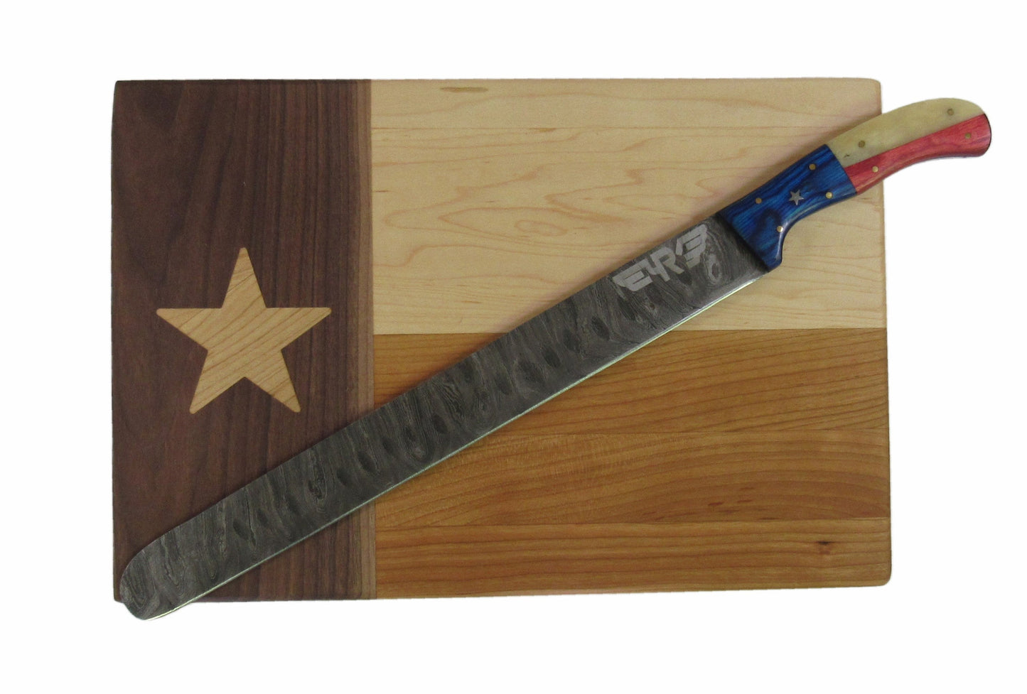 Damascus Steel 18" Texas brisket knife with lone star design hardwood and bone handle with leather carry pouch by Ruddock Bros El Paso Texas USA Ruddock Shirt on maple cutting board