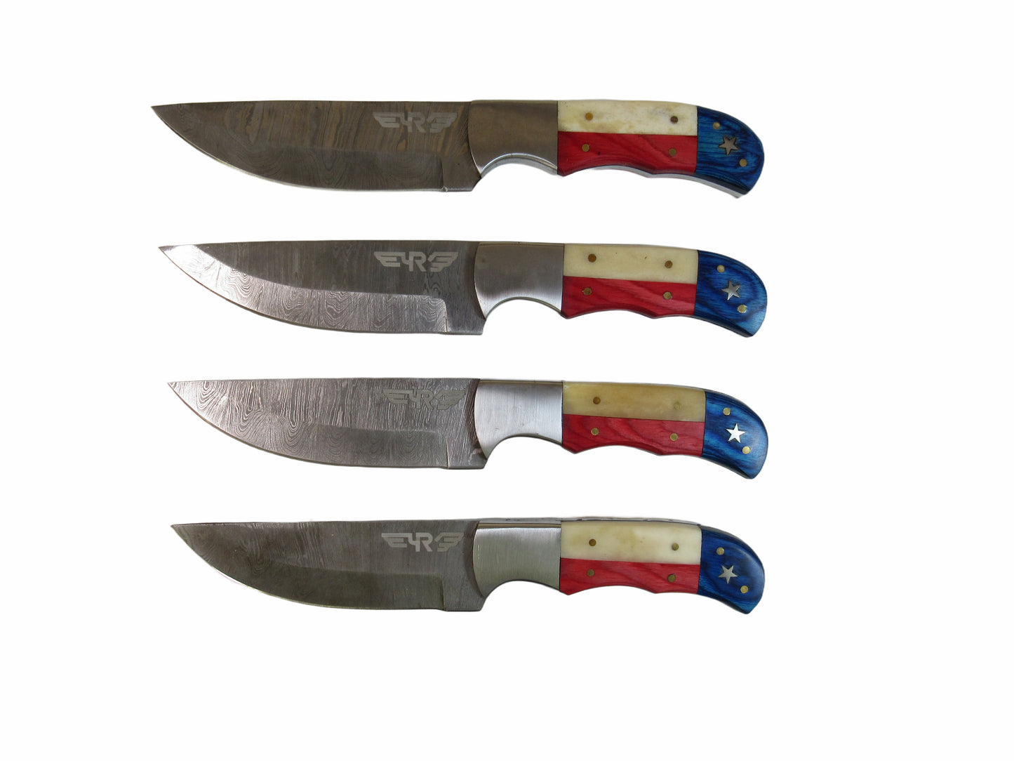 Ruddock Bros steak knives in Damascus steel with wood and horn handles