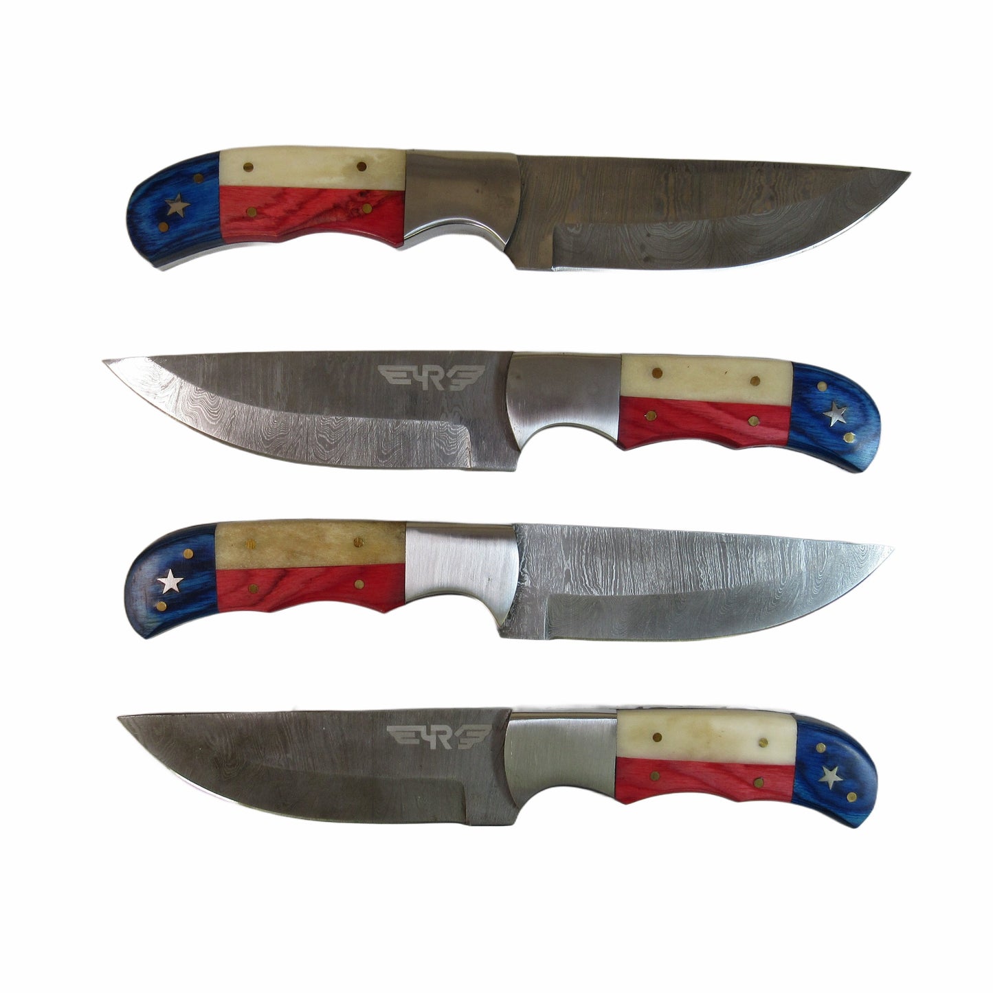 Ruddock Bros steak knives in Damascus steel with wood and horn handles