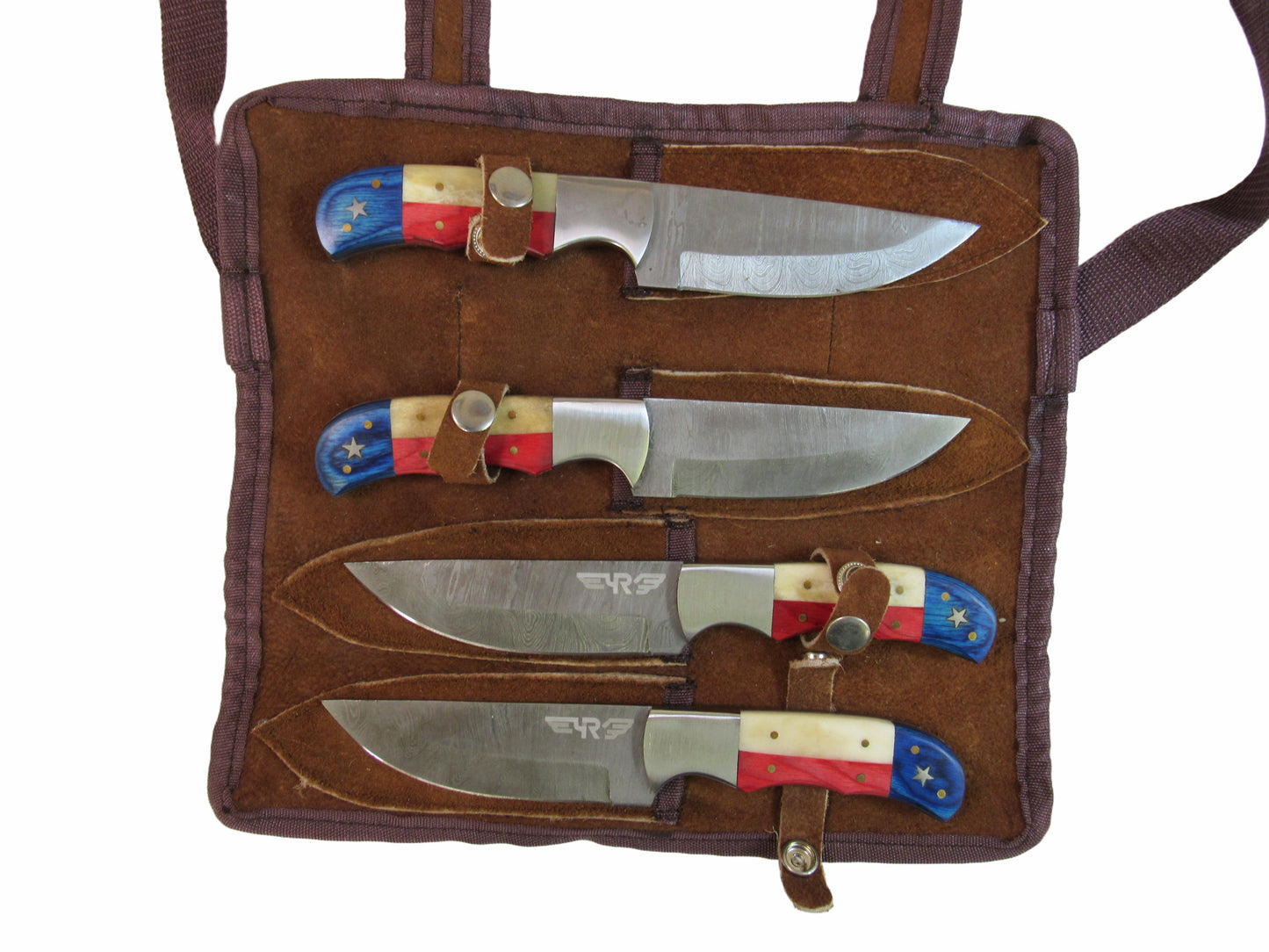Ruddock Bros steak knives in Damascus steel with wood and horn handles with leather carry bag
