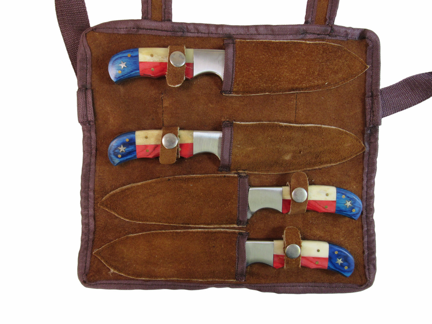 Ruddock Bros steak knives in Damascus steel with wood and horn handles with leather carry bag