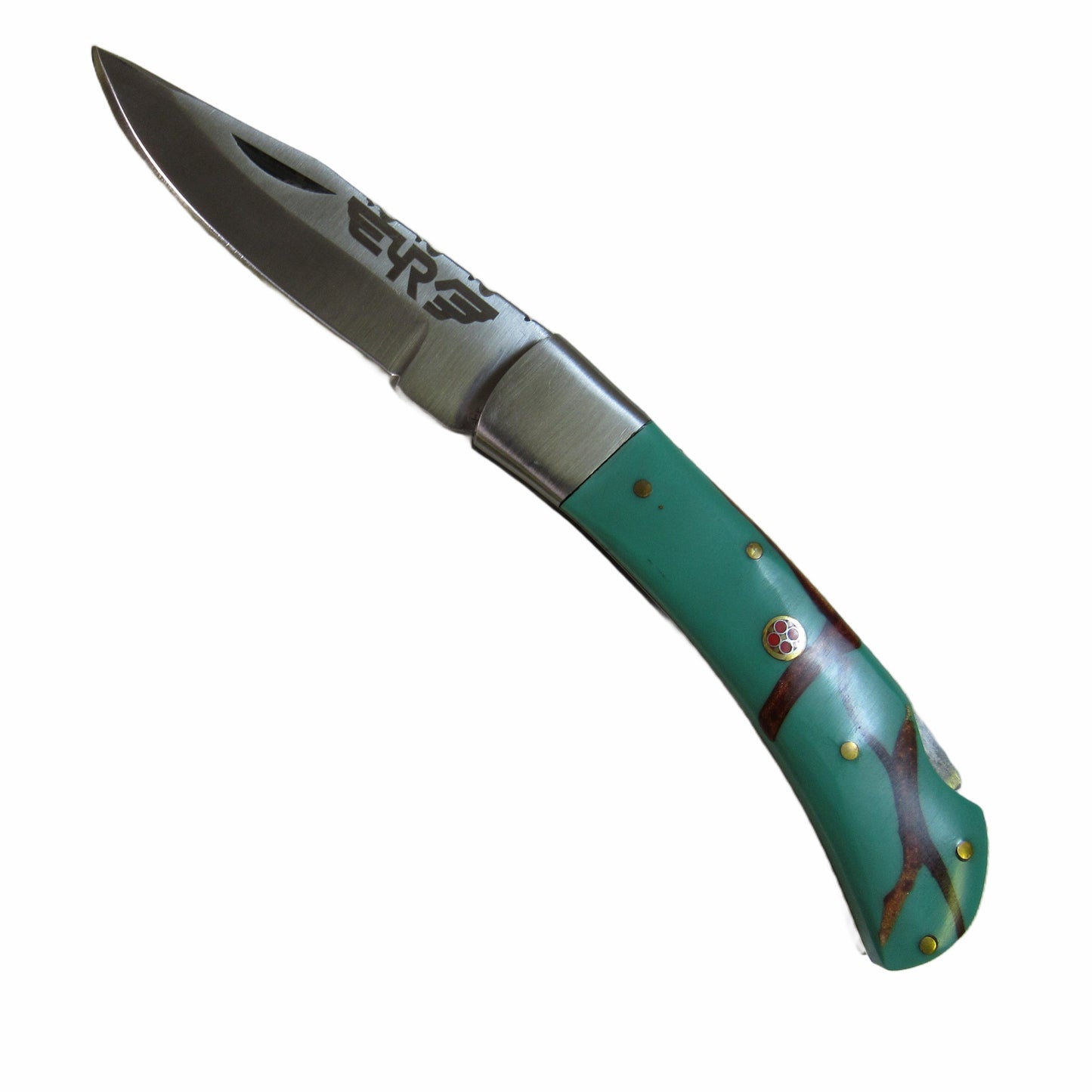 Turquoise colored resin handle knife with stainless steel blade by Ruddock Bros El Paso Texas
