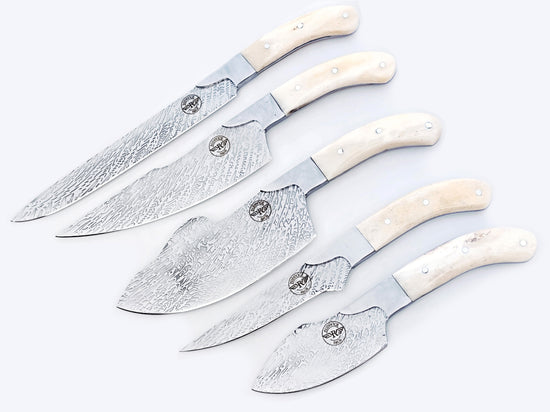 Custom bone 5 Piece Chef Set - Damascus etched Stainless.
