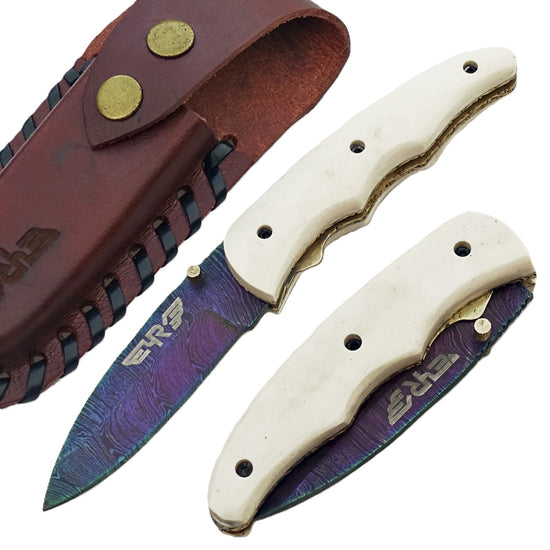 Ruddock Bros Damascus steel folding knife with acid wash blade  and ivory handle Ruddock El Paso Texas