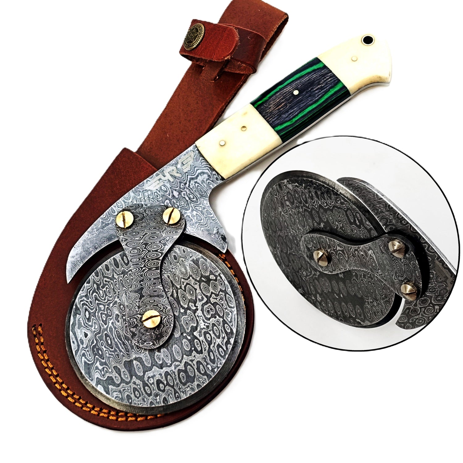 Damascus Steel Pizza Cutter with hardwood and natural bone handle by Ruddock Bros El Paso Texas USA Ruddock Shirt cutlery pizza brick oven  Pizza cutter  unique pizza cutter custom pizza cutter artisan pizza cutter pizza ax pizza axe ulu
