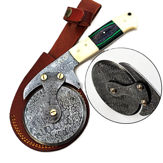 Damascus Steel Pizza Cutter with hardwood and natural bone handle by Ruddock Bros El Paso Texas USA Ruddock Shirt cutlery pizza brick oven  Pizza cutter  unique pizza cutter custom pizza cutter artisan pizza cutter pizza ax pizza axe ulu