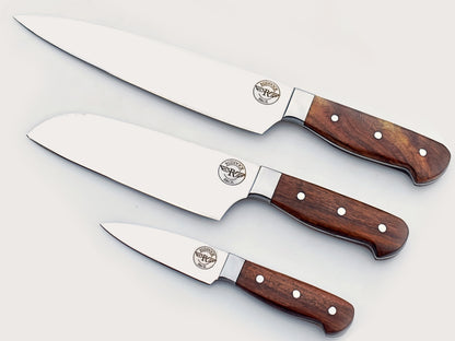 3 Piece Chef Set in walnut and stainless