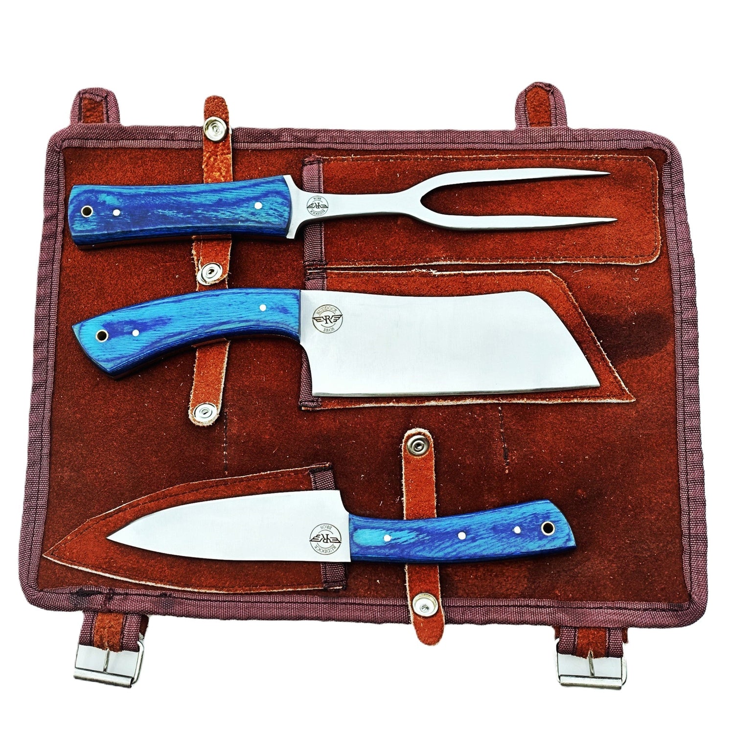 Ruddock Bros 3 piece carving set with blue hardwood handles and stainless Steel blades Ruddock El Paso Texas