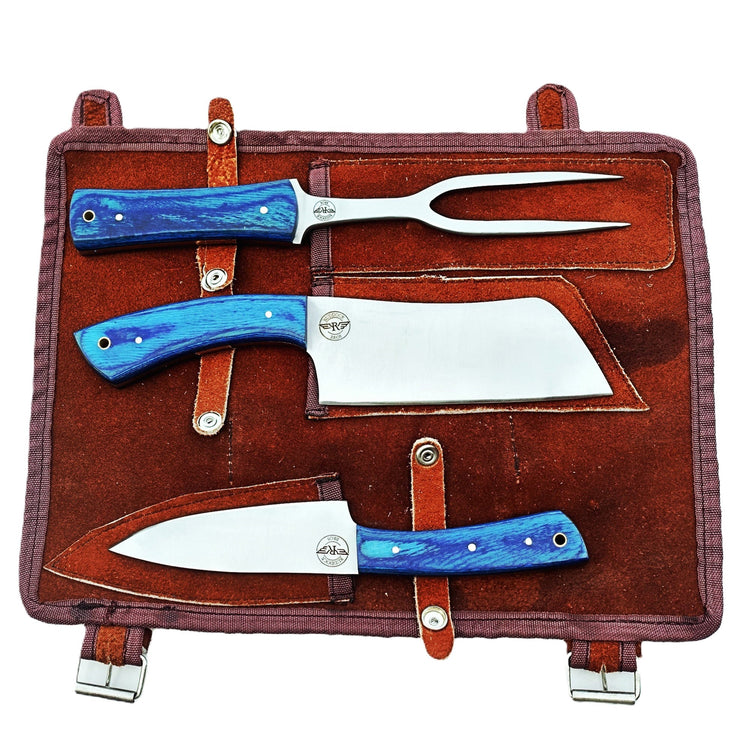 Ruddock Bros 3 piece carving set with blue hardwood handles and stainless Steel blades Ruddock El Paso Texas