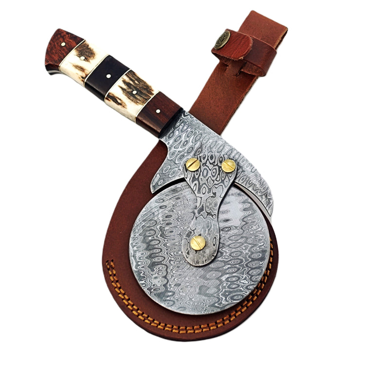 Damascus Steel Pizza Cutter with hardwood and natural bone handle by Ruddock Bros El Paso Texas USA Ruddock Shirt cutlery pizza brick oven