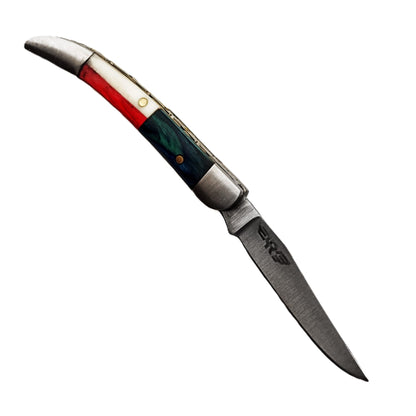 Ruddock Bros slim folding pocket knife with natural bone and hardwood handle and stainless steel blade and leather sheath Ruddock El Paso Texas