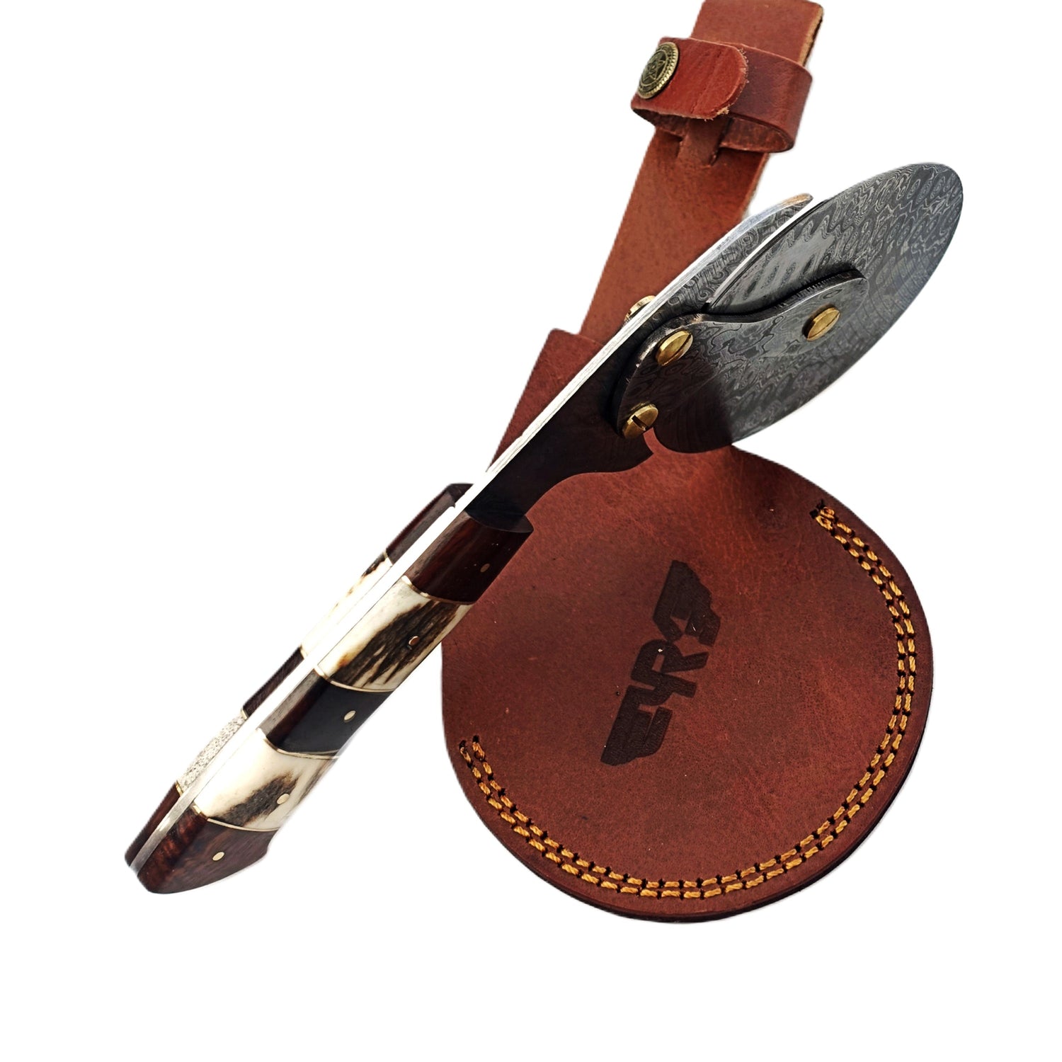 Damascus Steel Pizza Cutter with hardwood and natural bone handle by Ruddock Bros El Paso Texas USA Ruddock Shirt cutlery pizza brick oven