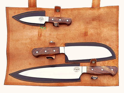 3 Piece Chef Set in walnut and stainless