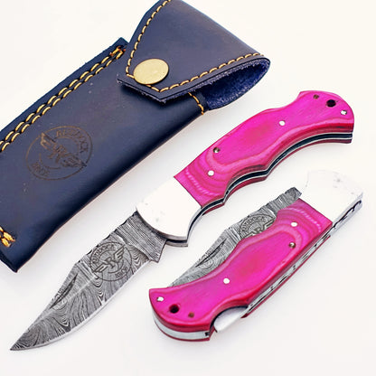 Pinkie Folding Pocket Knife Damascus Steel Blade EDC