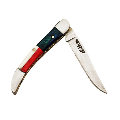 Ruddock Bros slim folding pocket knife with natural bone and hardwood handle and stainless steel blade and leather sheath Ruddock El Paso Texas
