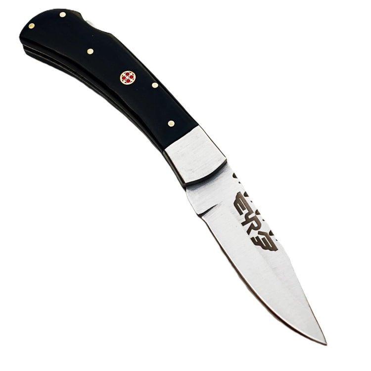 Ruddock Bros folding knife with black plastic resin handle with stainless steel blade with leather sheath Ruddock El Paso Texas