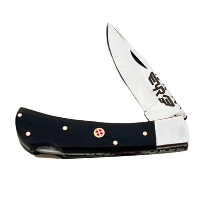 Ruddock Bros folding knife with black plastic resin handle with stainless steel blade with leather sheath Ruddock El Paso Texas