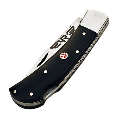 Ruddock Bros folding knife with black plastic resin handle with stainless steel blade with leather sheath Ruddock El Paso Texas