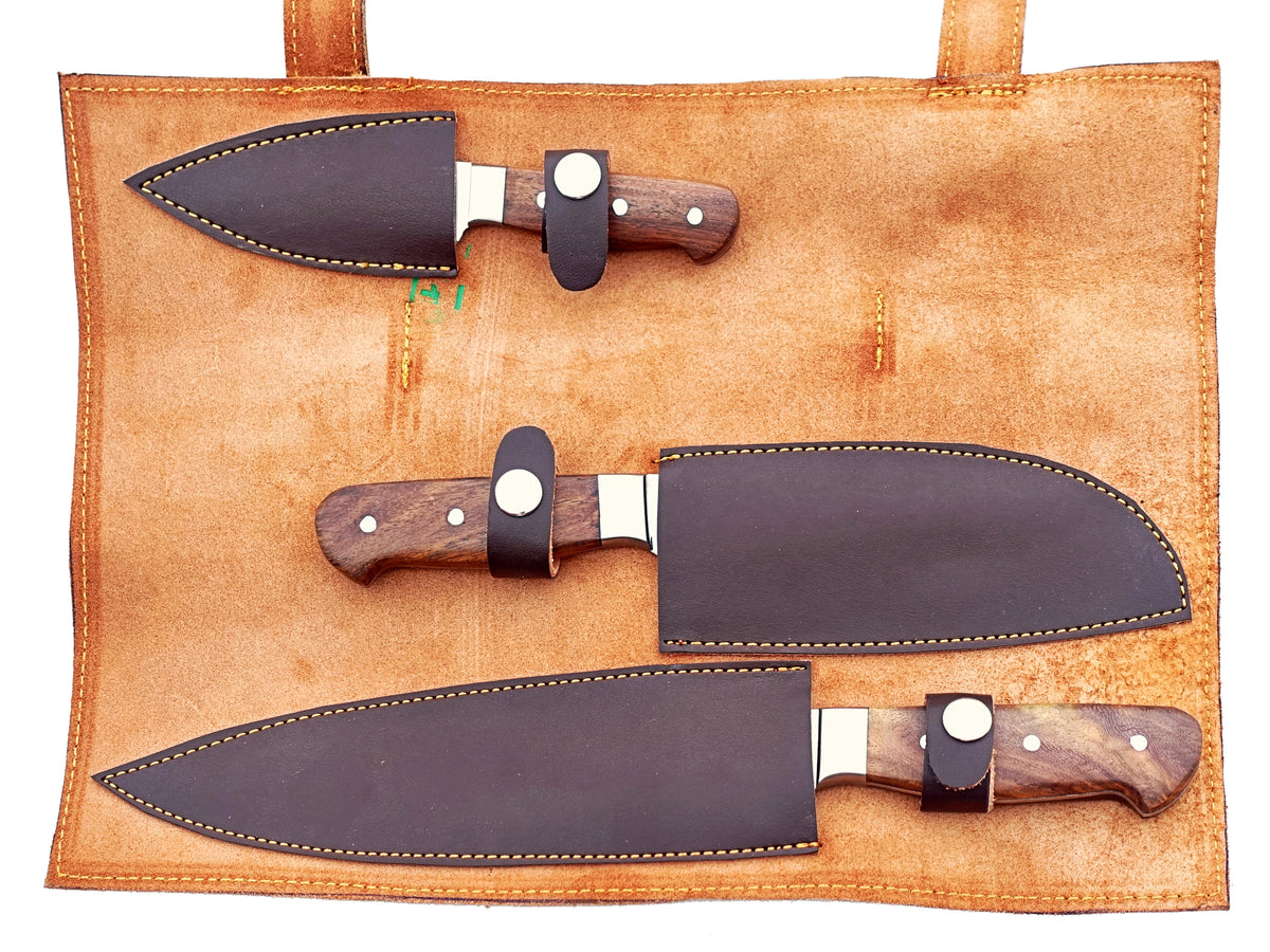 3 Piece Chef Set in walnut and stainless