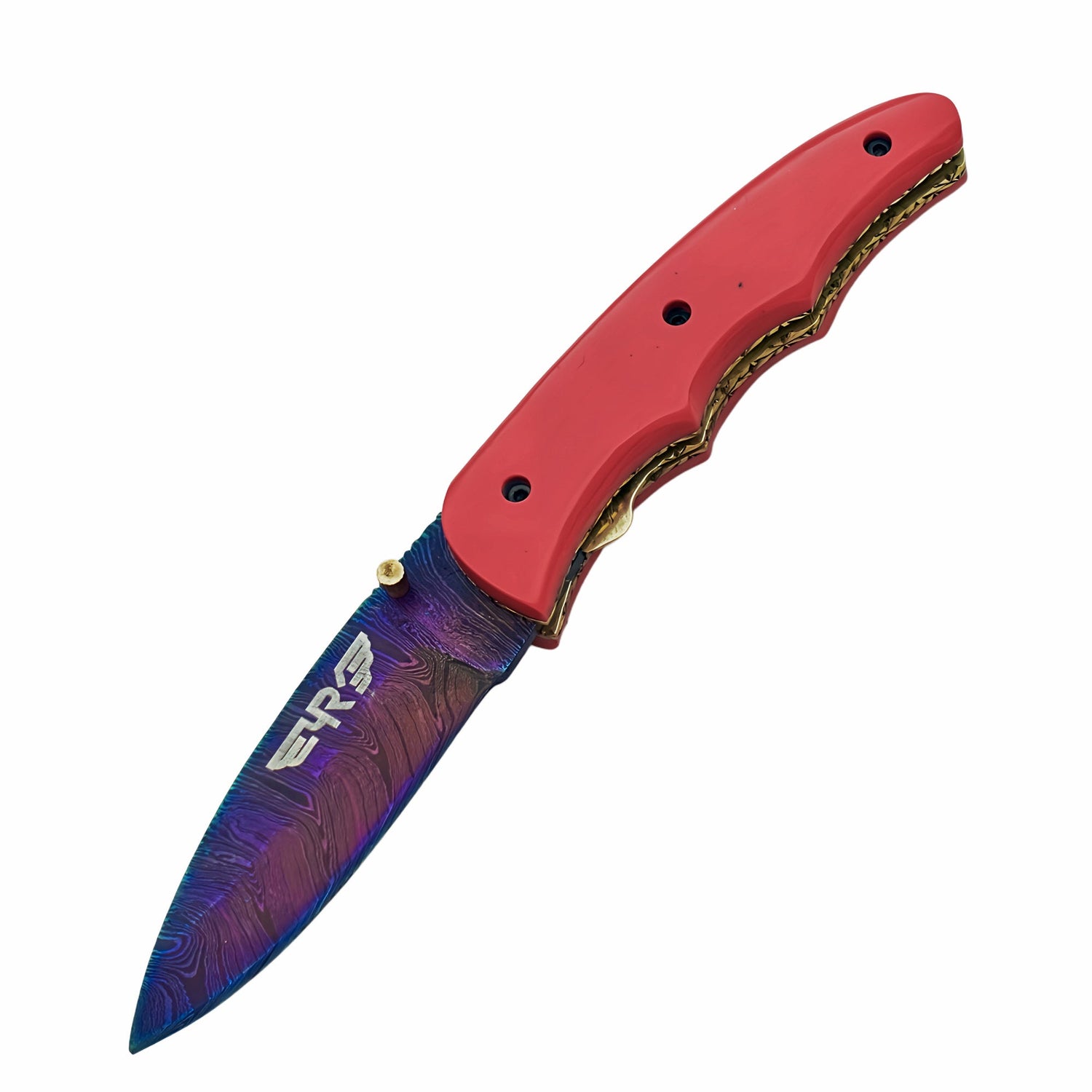 Ruddock Bros Damascus steel folding knife with acid wash blade  and pink handle Ruddock El Paso Texas
