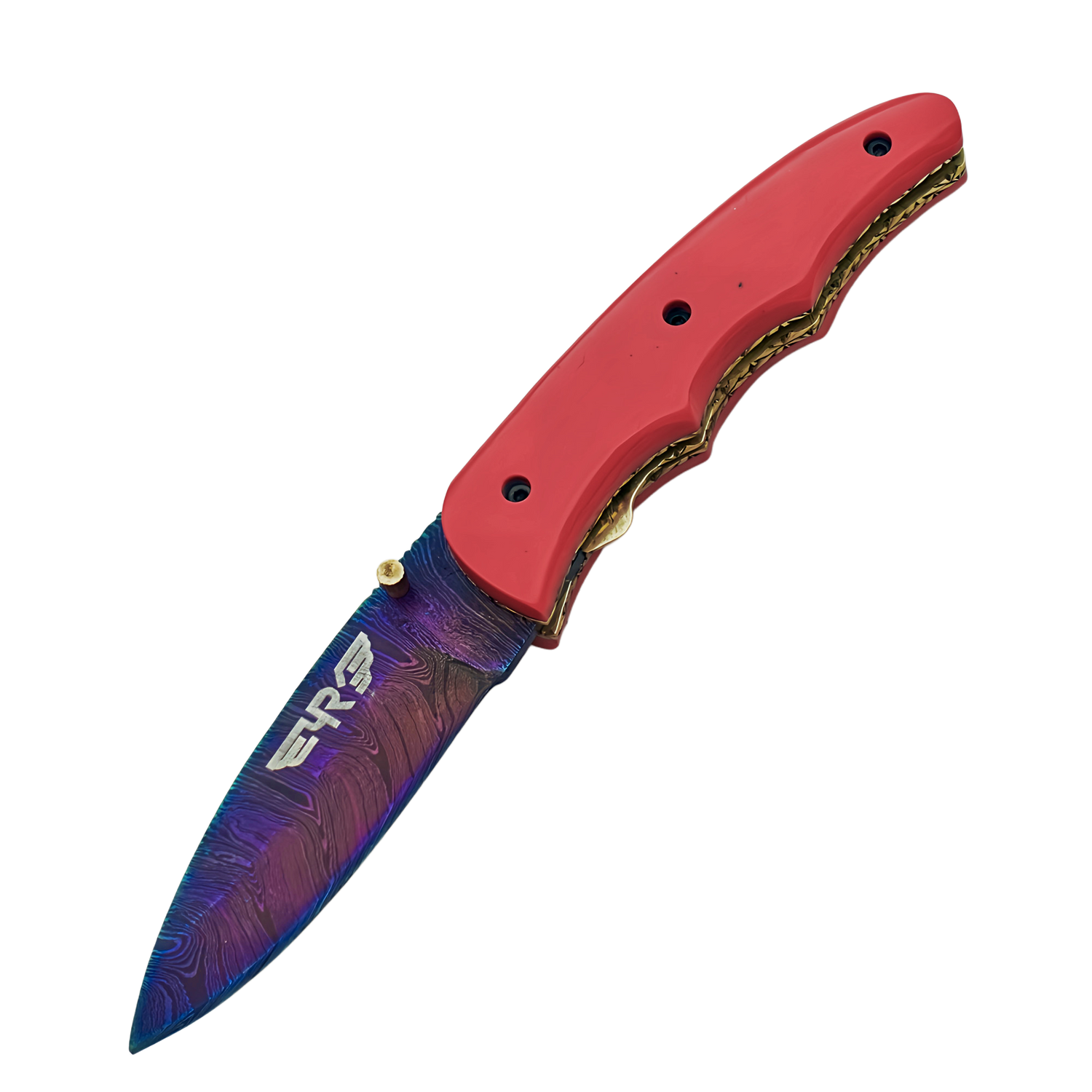 Ruddock Bros Damascus steel folding knife with acid wash blade  and pink handle Ruddock El Paso Texas