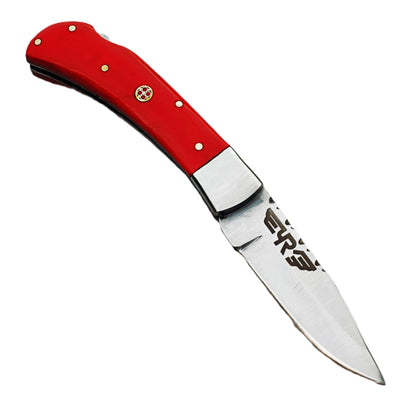 Ruddock Bros folding knife with plastic resin handle red with stainless steel blade with leather sheath Ruddock El Paso Texas