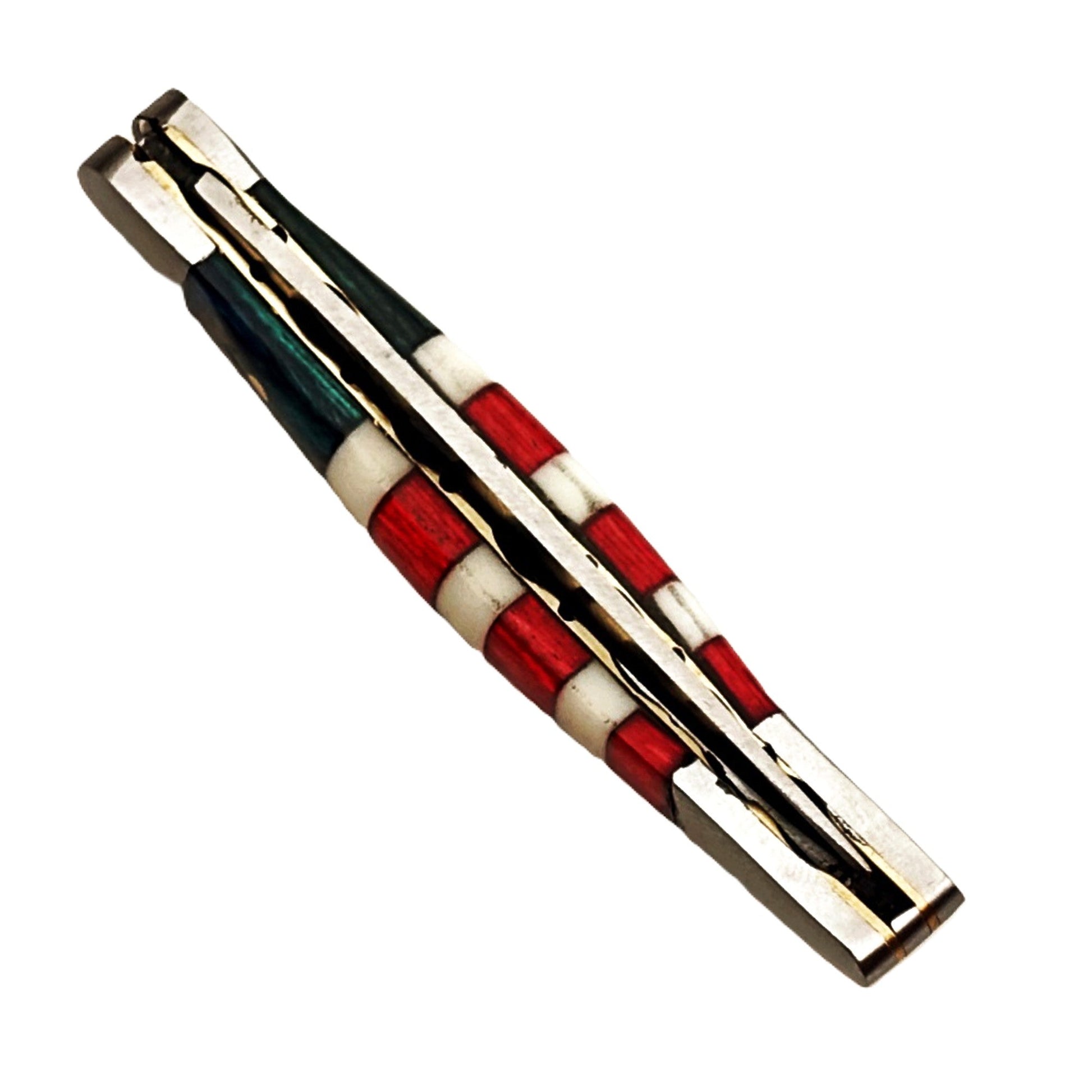 Ruddock Bros slim folding pocket knife with natural bone and hardwood handle and stainless steel blade and leather sheath Ruddock El Paso Texas