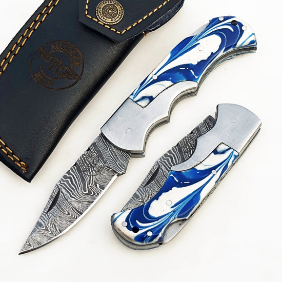 Blueberry Glaze Folding Knife - Damascus Steel