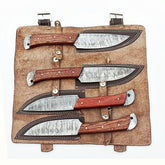 Ruddock Bros 4 piece steak knife set with natural brown hardwood handle and Damascus steel blade Ruddock El Paso Texas with suede leather pouch